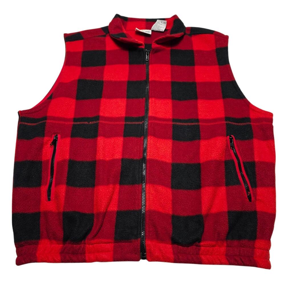 Vintage OutBrook Buffalo Plaid Women's Fleece Vest Large Red Full Zipper 90's